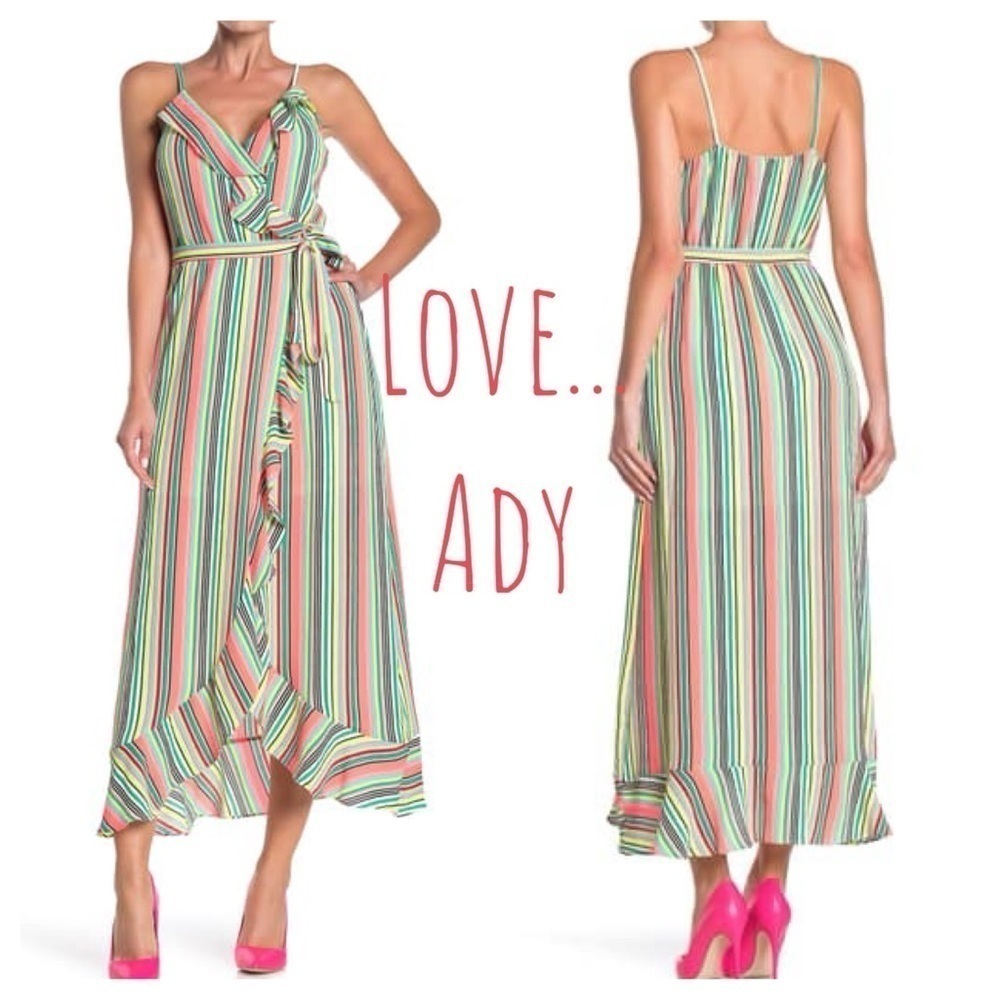 Love...Ady neon Stripe Ruffle Maxi Dress summer